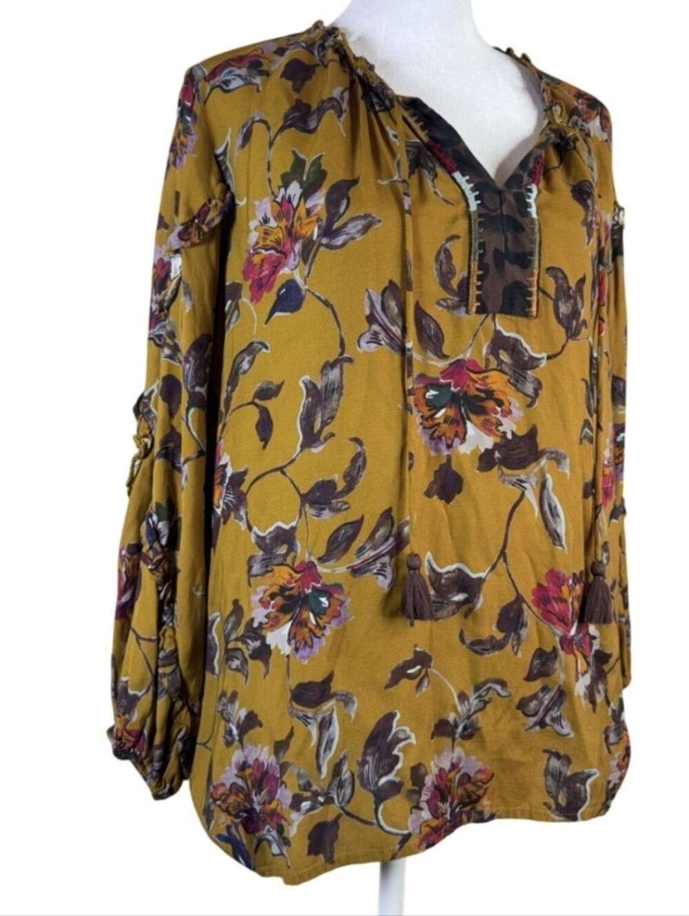 Johnny Was Workshop Mustard Yellow Floral Print Silk Blouse XS